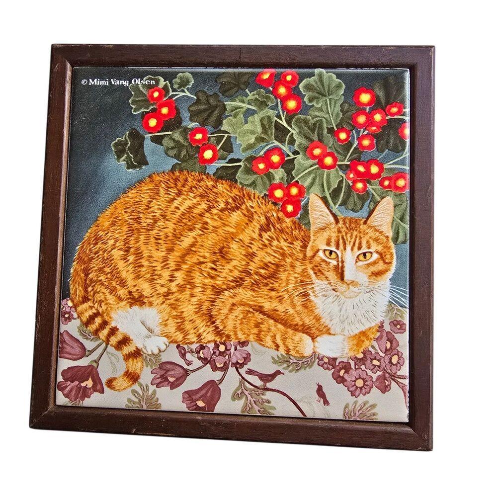 Vintage Mimi Vang Olsen Tabby Cat Ceramic Tile Trivet Wood Framed Avon